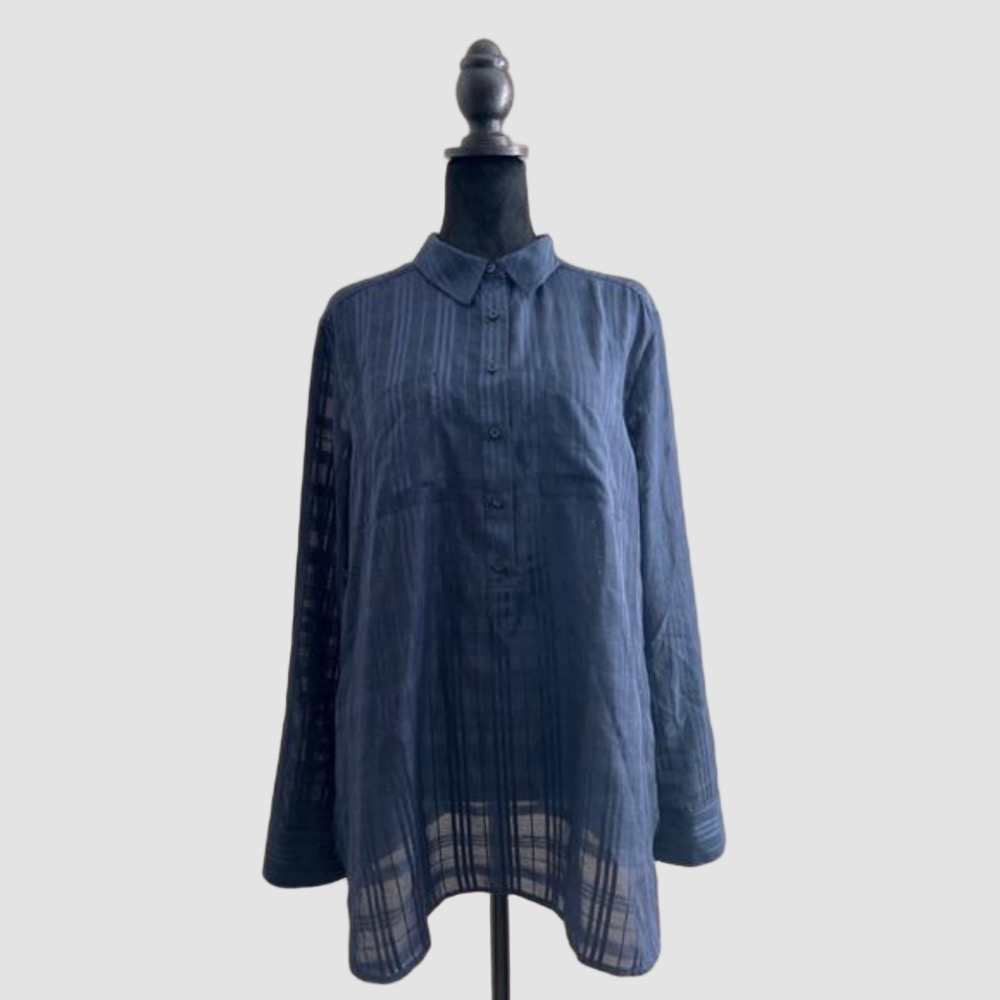 Ann Taylor Striped Navy Blouse with Collared Neckline L